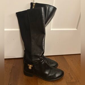 Michael Kors Black Leather Knee-High Riding Boots with Gold Accent & Zipper, 7.5